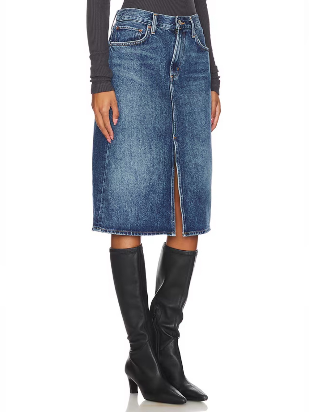AGOLDE Gaia Denim Midi Skirt in Sphere size 27 front slit quiet luxury capsule